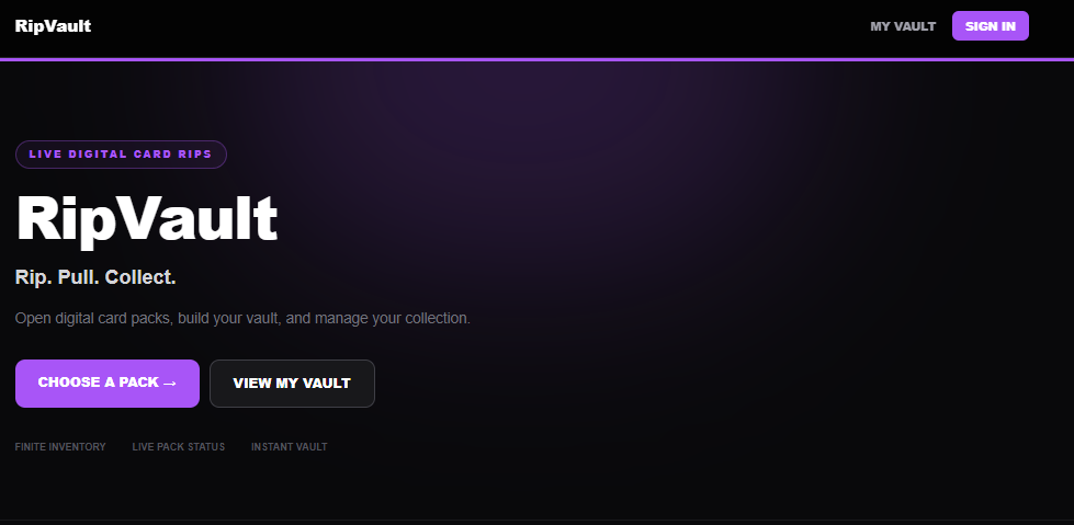 RipVault homepage preview with purple accents and links to packs and the collection vault.